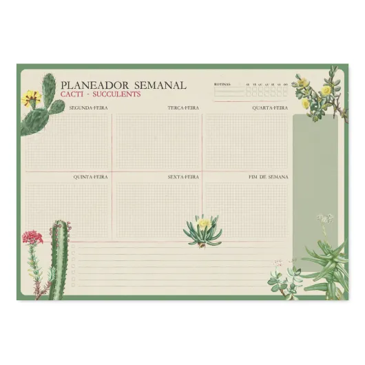 Bloco Planificador Semanal A3 Botanical Cacti (Português)