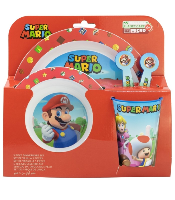 Conjunto Micro 5 PCS (Prato, Taça, Copo e Talheres) Super Mario
