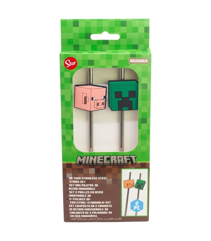 Conjunto de 2 Palhinhas 3D Aço Inoxidável Minecraft