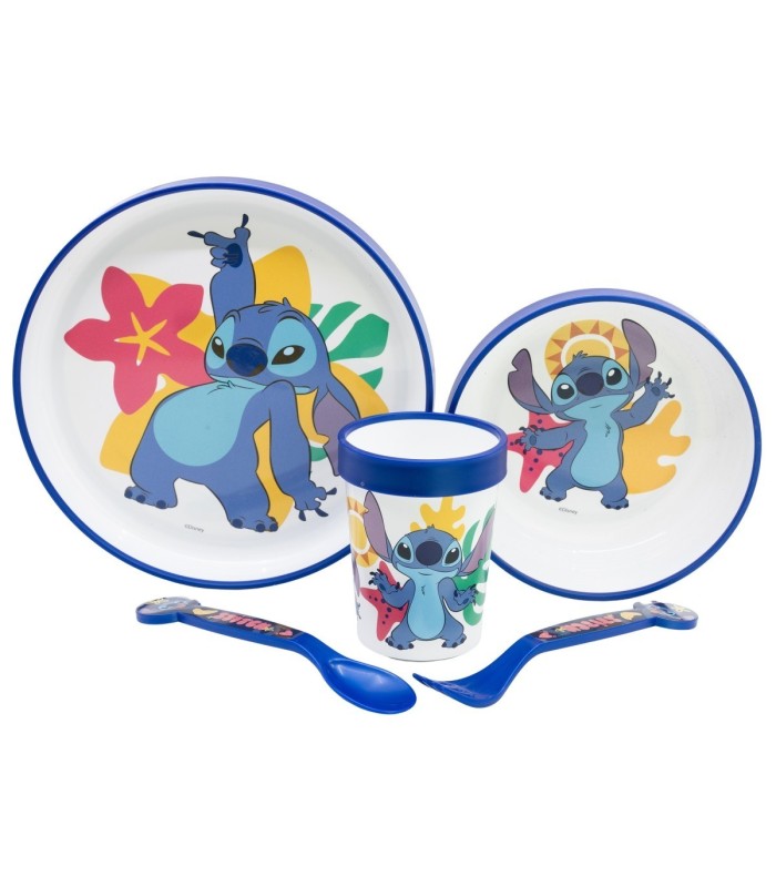 Conjunto 5 PCS Antideslizante Stitch (Prato, Tigela, Copo e Talheres)